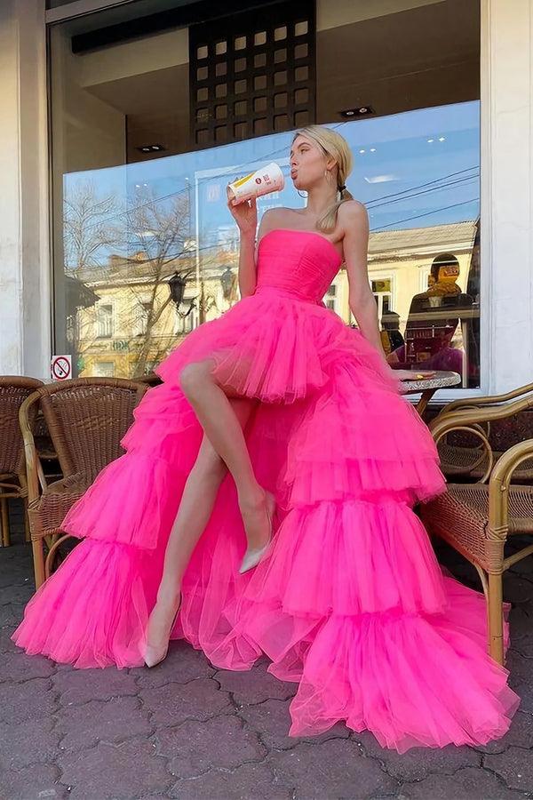 Princess A Line High Low Strapless Pink Tulle Long Prom Dress PSK343