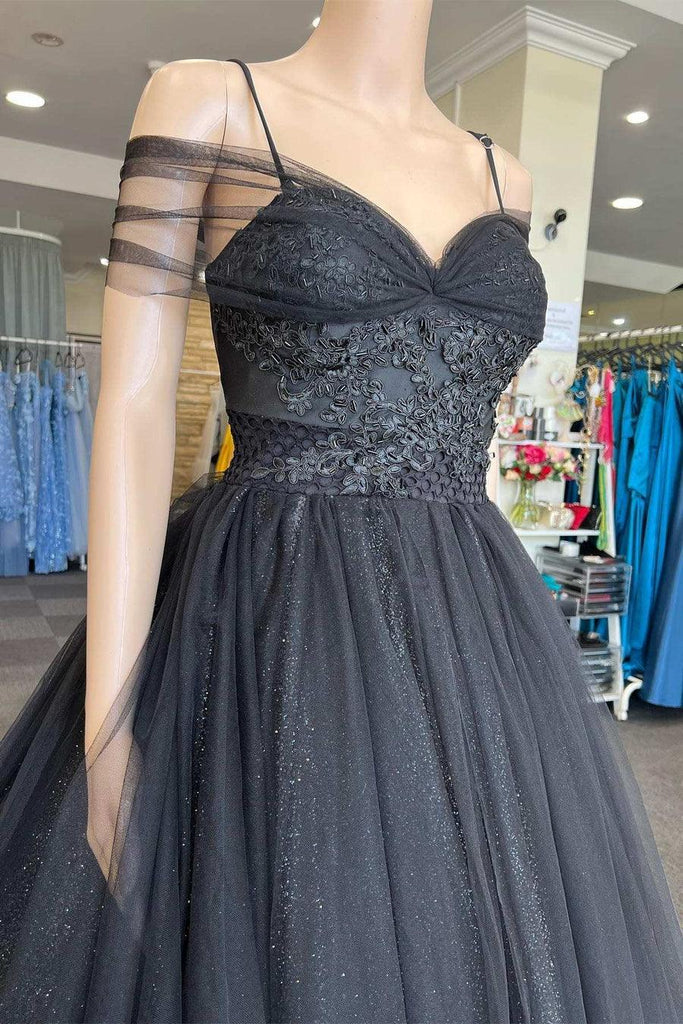 Princess Sweetheart Tulle Cold-Shoulder Black  Long Prom Dress PSK378-Pgmdress