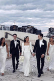 Retro Satin Long Sleeves Sweep Train Sheath Wedding Dress Bridal Gown WD625 - Pgmdress
