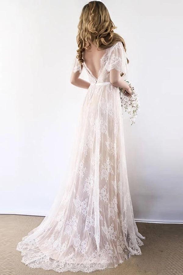 Romantic A-line White Lace Long Wedding Dress with Open Back US0 / Custom Color Romantic A-line White Lace Long Wedding Dress with Open Back US0 / Custom Color