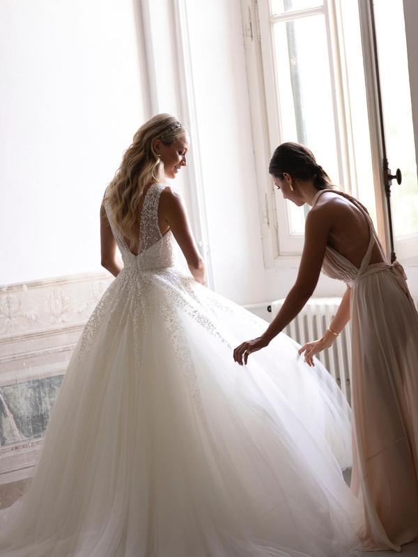 Sequins Lace V-neck Neckline Chapel Train A-line Wedding Dresses WD563 - Pgmdress