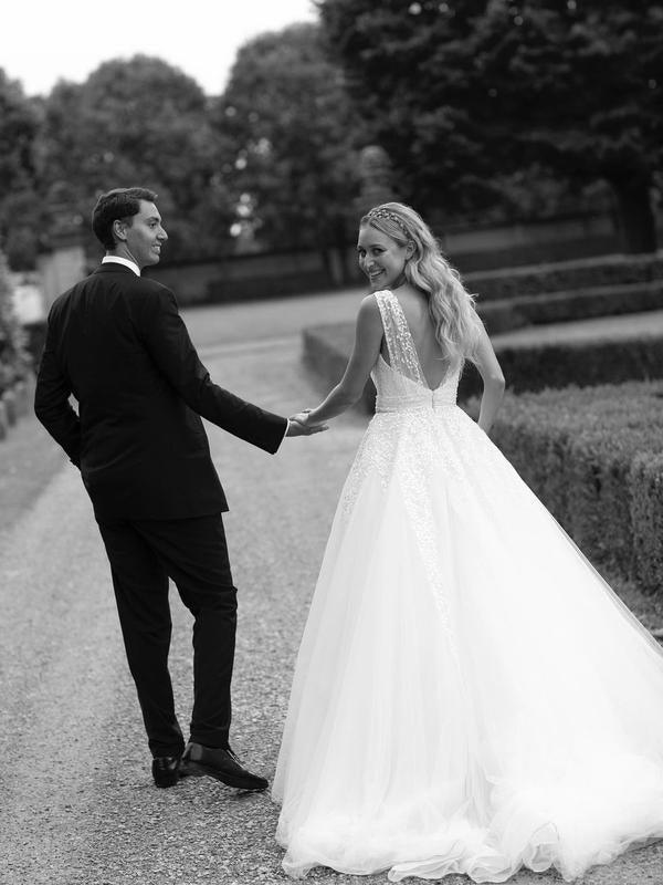 Sequins Lace V-neck Neckline Chapel Train A-line Wedding Dresses WD563 - Pgmdress