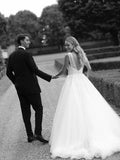 Sequins Lace V-neck Neckline Chapel Train A-line Wedding Dresses WD563 - Pgmdress