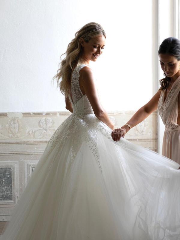 Sequins Lace V-neck Neckline Chapel Train A-line Wedding Dresses WD563 - Pgmdress
