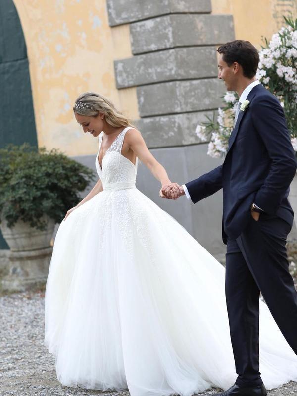 Sequins Lace V-neck Neckline Chapel Train A-line Wedding Dresses WD563 - Pgmdress