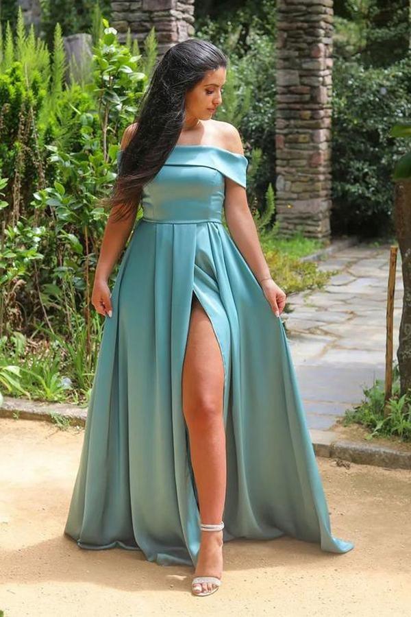 Satin Off-the-shoulder Neckline A-line Prom Dresses Evening Dresses PSK244 - Pgmdress