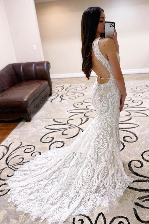Sheath Lace Wedding Dress open Back Bridal Dress With Court Train WD590 - Pgmdress