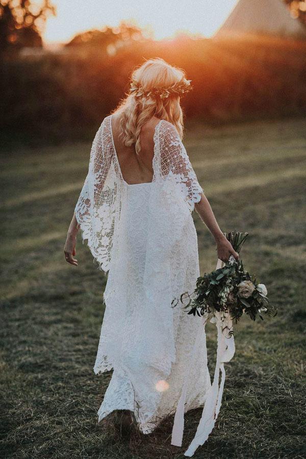 Sheath Scoop Backless Lace Wedding Dress with Split Wraps WD247 - Pgmdress