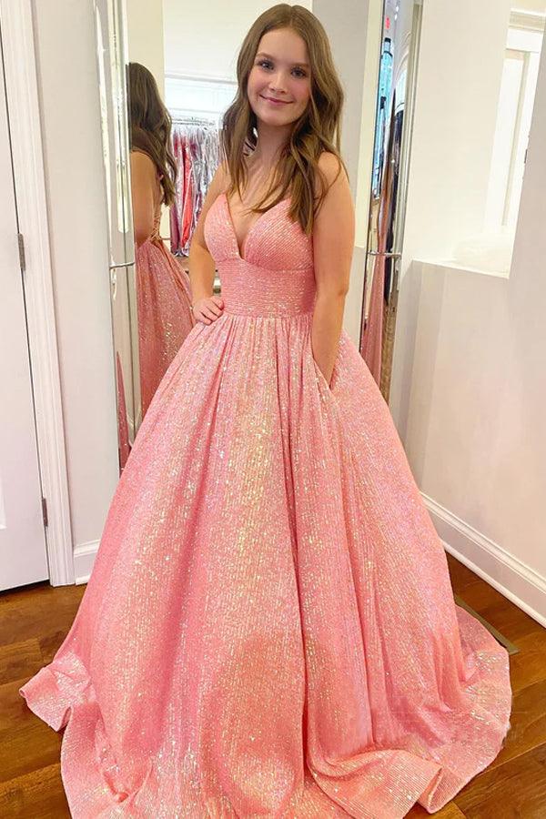 Shimmering Sequin Lace Spaghetti Straps Neckline A-Line Prom Dress US4 / Blush Pink