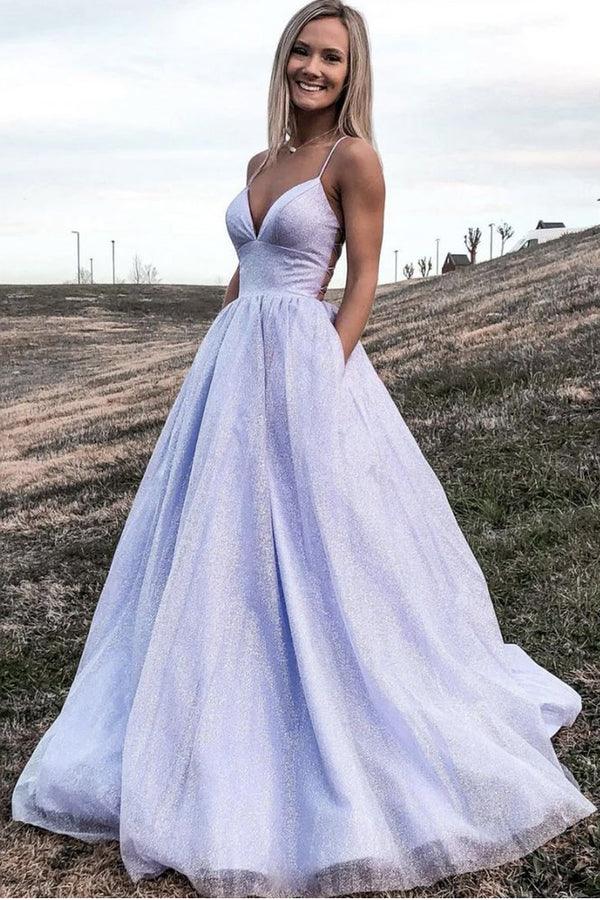 pgmdress Elegant Blue Tulle A Line V Neck Lace Long Prom Dresses Formal Dresses US0 / Custom Color