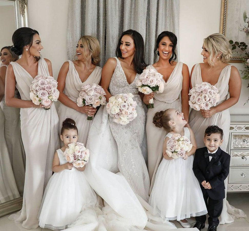 Simple Chiffon V-neck Sweep Train Pleated Bridesmaid Dresses With Slit BD086 - Pgmdress