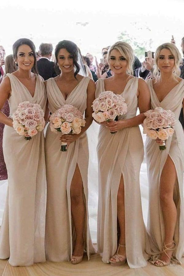 Simple Chiffon V-neck Sweep Train Pleated Bridesmaid Dresses With Slit US2 / Champagne Simple Chiffon V-neck Sweep Train Pleated Bridesmaid Dresses With Slit US2 / Champagne