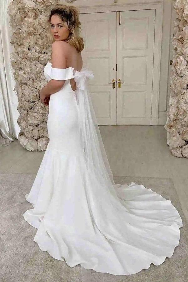 Simple Mermaid Off The Shoulder Ivory Satin Wedding Dress WD605 - Pgmdress
