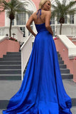Simple Royal Blue Spaghetti Straps V-Neck Split Prom Dresses PSK265 - Pgmdress