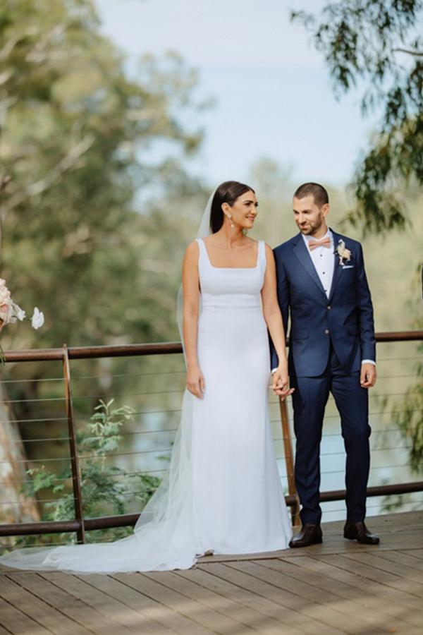 Simple Sheath Square Neck Long Backless Wedding Dress WD599 - Pgmdress