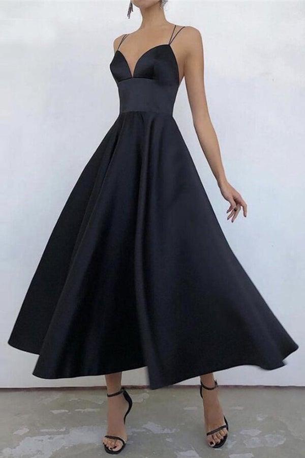 Simple V Neck Satin Burgundy Tea Length Prom/Evening Dresses PSK231 US10 / Black Simple V Neck Satin Burgundy Tea Length Prom/Evening Dresses PSK231 US10 / Black