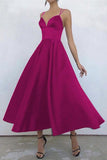 Simple V Neck Satin Burgundy Tea Length Prom/Evening Dresses PSK231 - Pgmdress