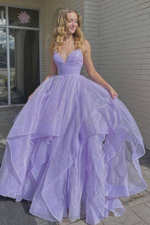 Simple V Neck Tulle Long Prom Dress Lilac Tulle Formal Dress PSK259
