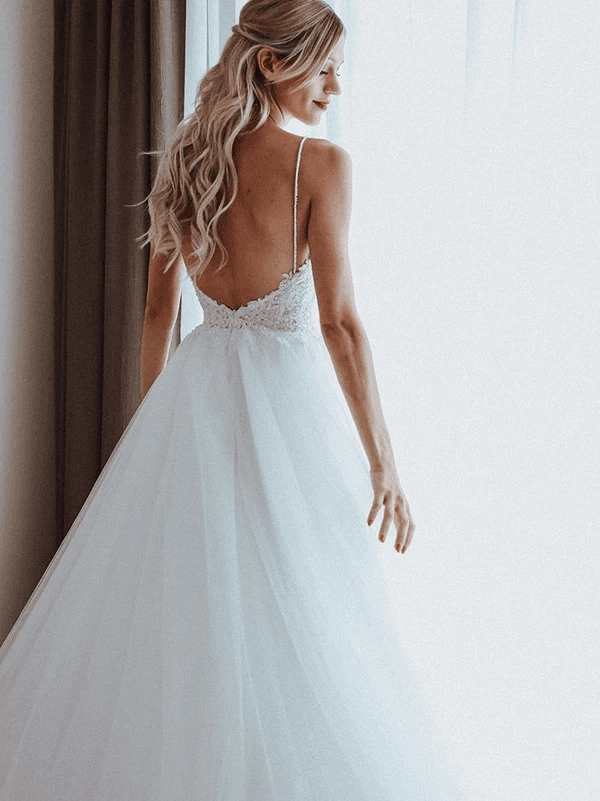 Spaghetti Straps Beaded Appliqued A-line Tulle Wedding Dresses WD550 - Pgmdress