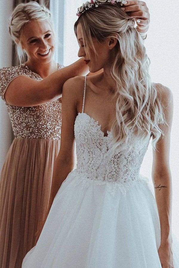 Spaghetti Straps Beaded Appliqued A-line Tulle Wedding Dresses WD550 - Pgmdress