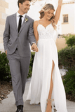 Spaghetti Straps Lace Split Chiffon Long Beach Wedding Dresses WD576 - Pgmdress