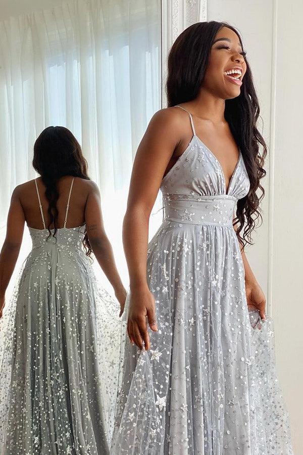 Spaghetti Straps Long Silver Tulle Prom Evening Dress With Split PSK369 - Pgmdress