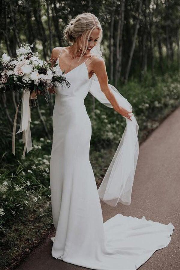 Spaghetti Straps Mermaid Backless V-Neck Beach Wedding Dress WD381 US8 / White
