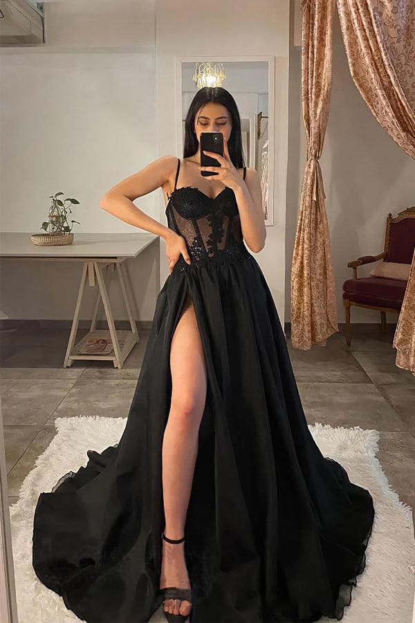 Spaghetti Straps Thigh Split Lace Appliques Black Prom Dresses PSK359 - Pgmdress