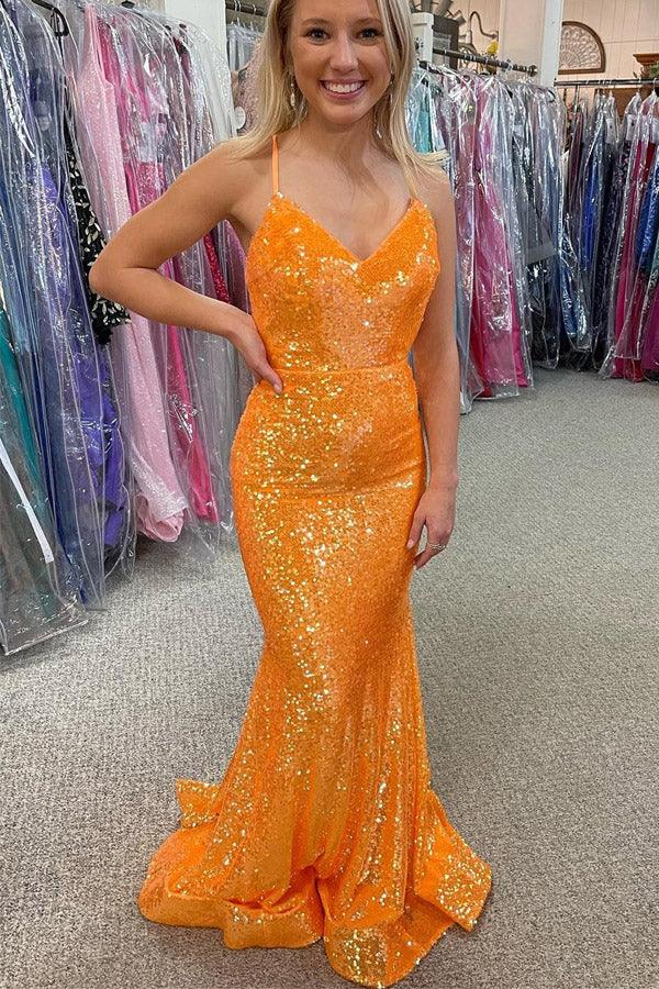 Sparkle Orange Sequin Mermaid Long Prom Formal Dress PSK283 - Pgmdress