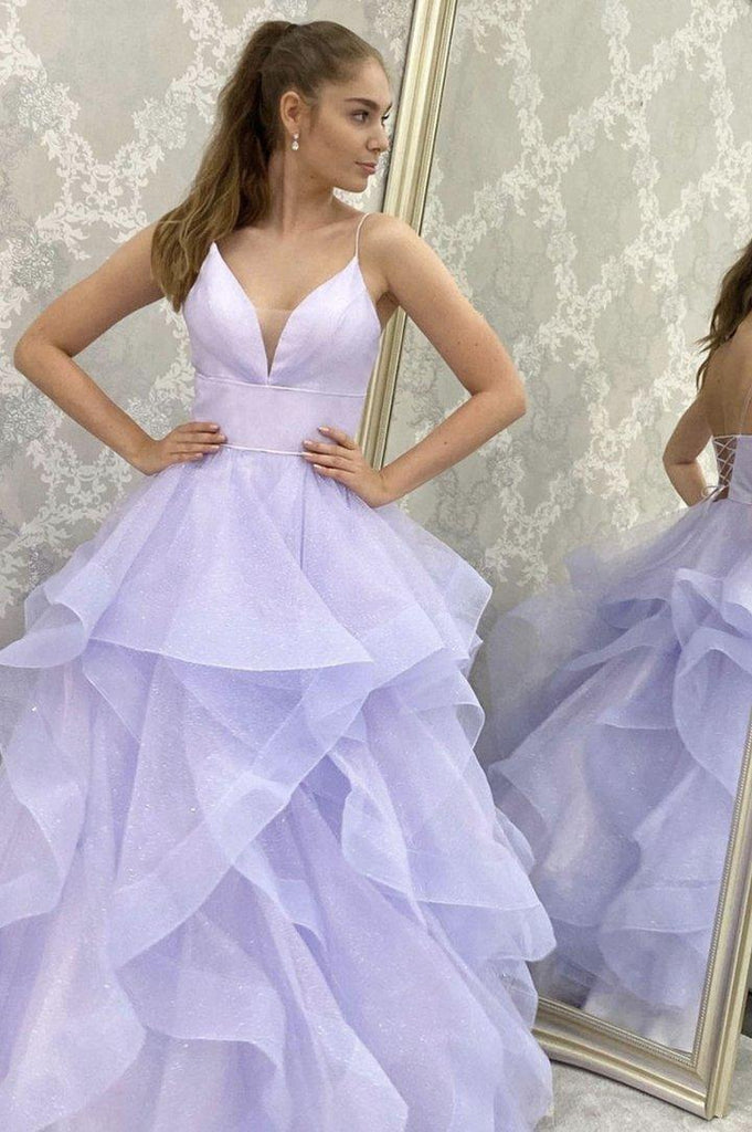 Sparkly A line Lilac Tulle V Neck Long Prom Evening Dress With Sleeveless PSK253 - Pgmdress
