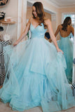 Sparkly Blue Straps Ruffles Long Prom/Evening Dress with Open Back PG891 - Pgmdress