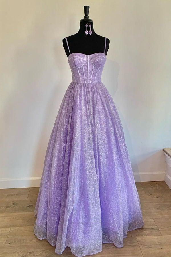 Sparkly A Line Sweetheart Straps Tulle Lilac Long Prom Dress  PSK264-Pgmdress