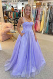Robe de bal longue en tulle lilas scintillante, coupe trapèze, bretelles en cœur, PSK264