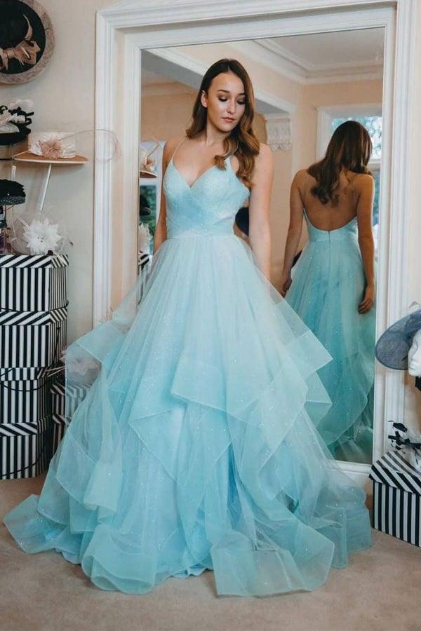Sparkly Straps Ruffles Blue Long Prom Dress with Open Back PG891 Pgmdress Sparkly Straps Ruffles Blue Long Prom Dress with Open Back PG891 Pgmdress