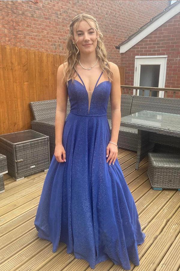 a line prom dresses Sparkly V-neckline Sweep Train A-line Prom Dresses Evening Gowns – Pgmdress