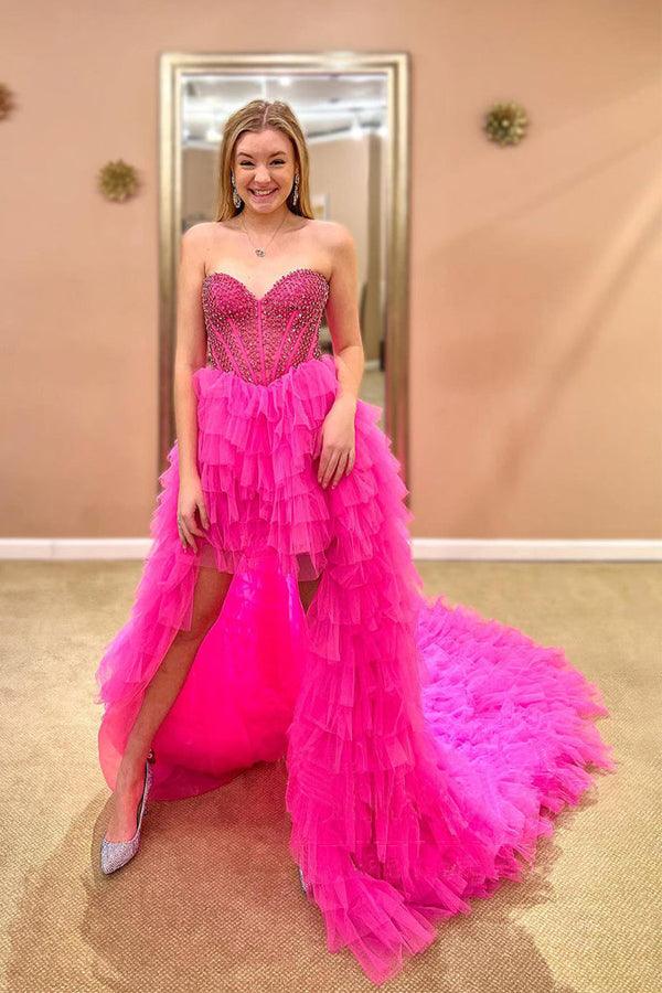 Strapless Hot Pink Tulle High Low Ball Gown Simple Prom Dress US4 / Custom Color Strapless Hot Pink Tulle High Low Ball Gown Simple Prom Dress US4 / Custom Color