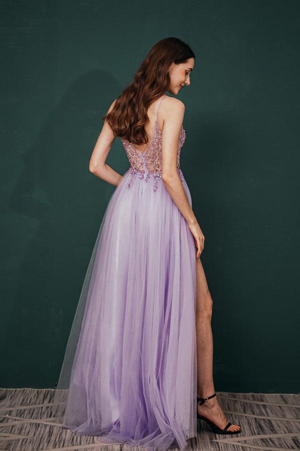 Straps A-Line Beading Rose Split Tulle Prom Dress with Crystal PSK006 - Pgmdress