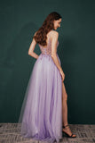 Straps A-Line Beading Rose Split Tulle Prom Dress with Crystal PSK006 - Pgmdress