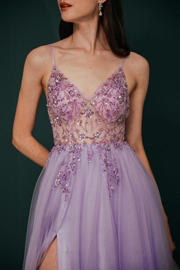 Straps A-Line Beading Rose Split Tulle Prom Dress with Crystal PSK006 - Pgmdress