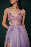 Straps A-Line Beading Rose Split Tulle Prom Dress with Crystal PSK006 - Pgmdress