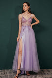 Straps A-Line Beading Rose Split Tulle Prom Dress with Crystal PSK006 - Pgmdress
