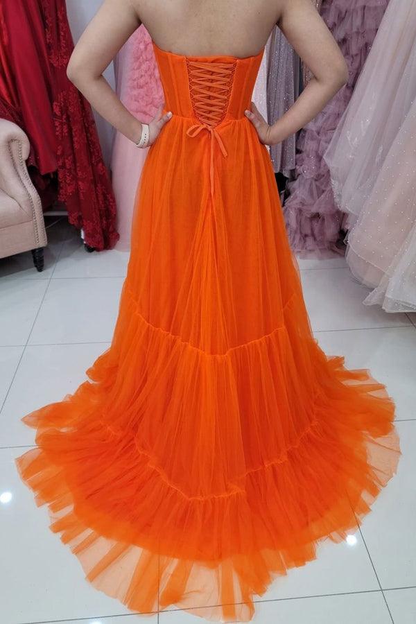 Sweetheart Strapless Orange Tulle Evening Dress Corset Bodice Prom Dress PSK256 - Pgmdress