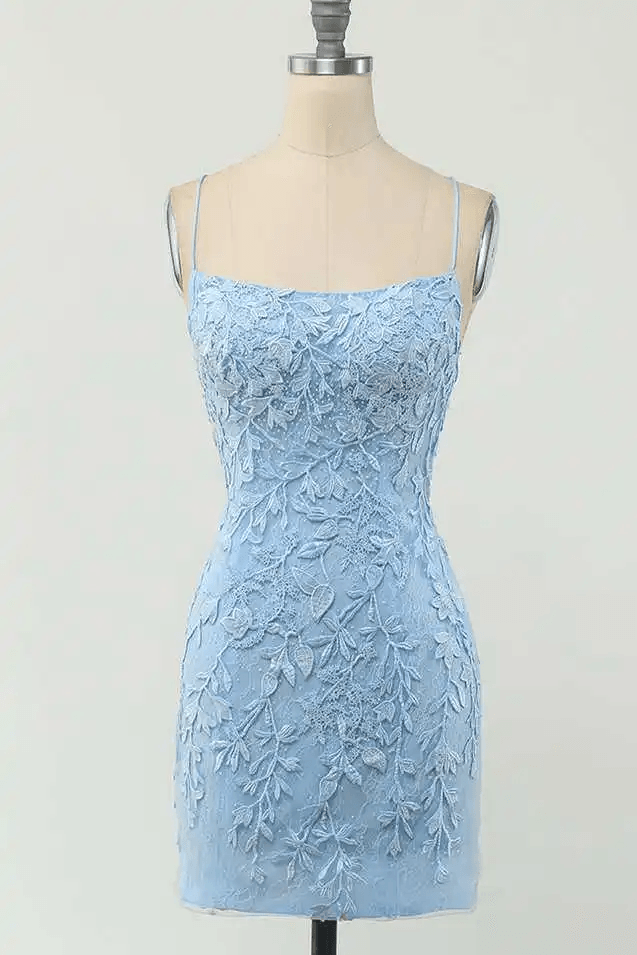chinese dress ladies Tie Back Appliqued Sheath Pink Short Prom Dress Homecoming Dress US2 / Sky Blue