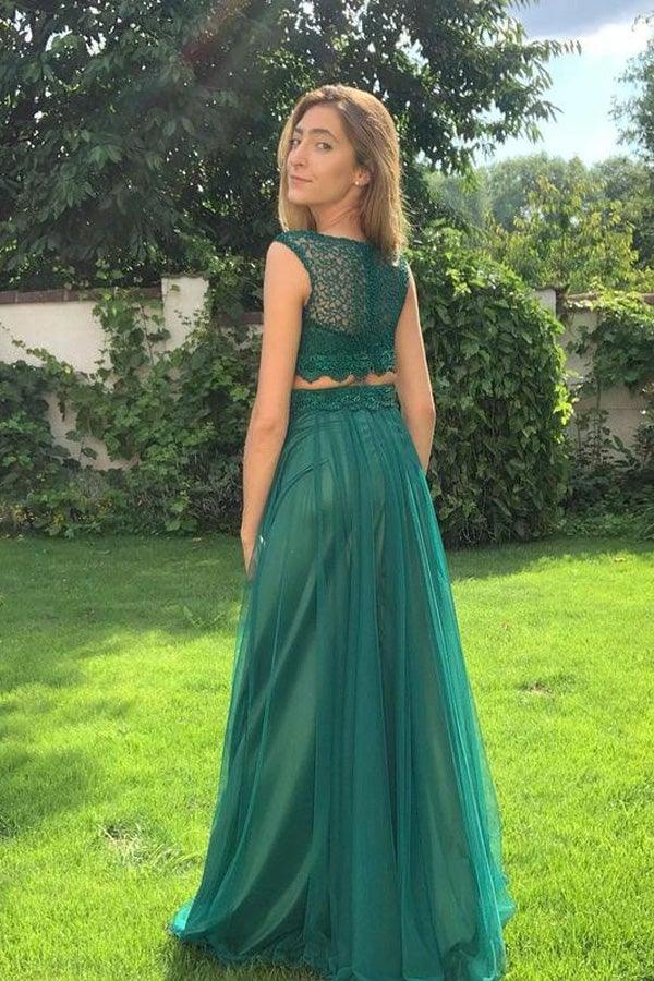 Tulle Scoop Neckline 2 Pieces Evening Gown Prom Dresses With Appliqued PSK245 - Pgmdress