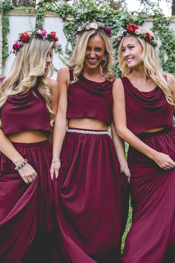 Two Piece A Line Burgundy Long  Bridesmaid Dresses  BD095 - Pgmdress