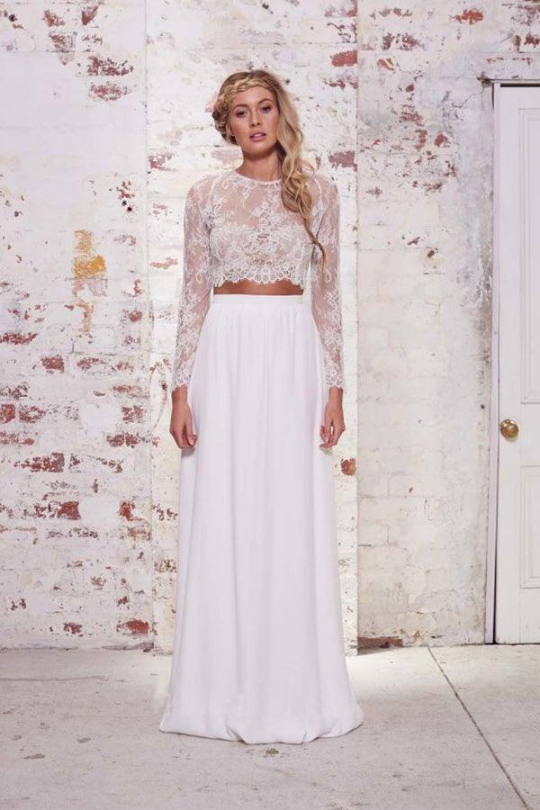 Two Pieces Long Sleeves Lace White Beach Wedding Dress WD383 US0 / White Two Pieces Long Sleeves Lace White Beach Wedding Dress WD383 US0 / White
