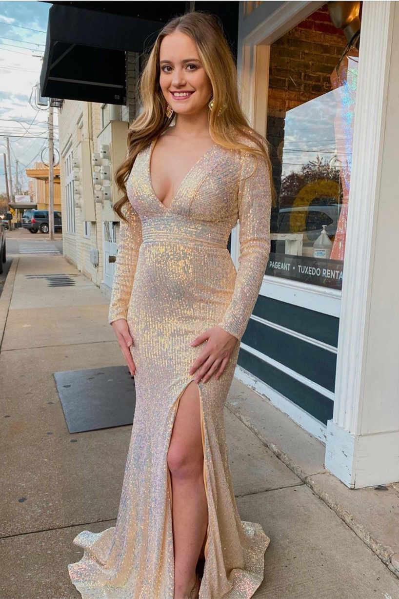 V-Neck Backless Prom Dress Formal Dress with Long Sleeves PSK315 US14 / Champagne
