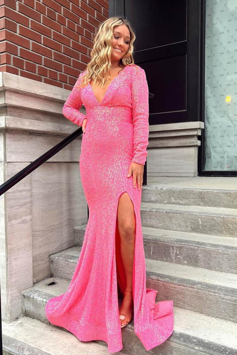 V-Neck Backless Champagne Prom Formal Dress with Long Sleeves PSK315 - Pgmdress