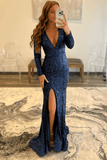 V-Neck Backless Champagne Prom Formal Dress with Long Sleeves PSK315 - Pgmdress