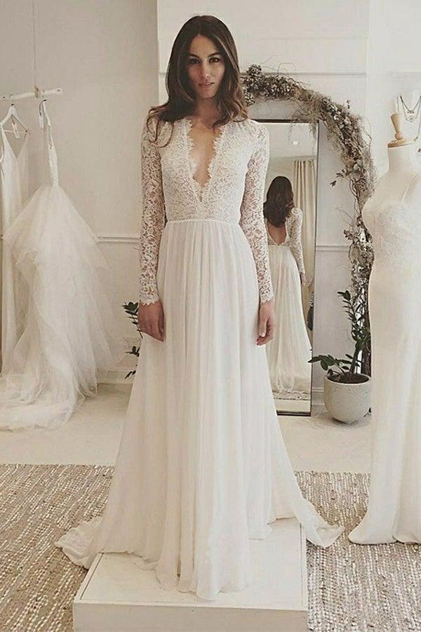 V-Neck Long Sleeves Backless Ivory Chiffon Wedding Dress with Lace